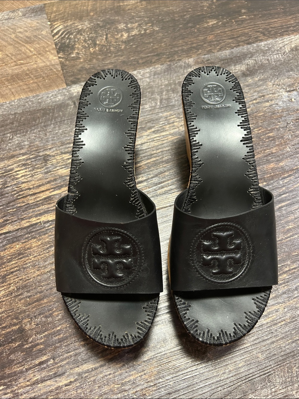 Tory Burch Black Embossed Logo Slide Wedges
